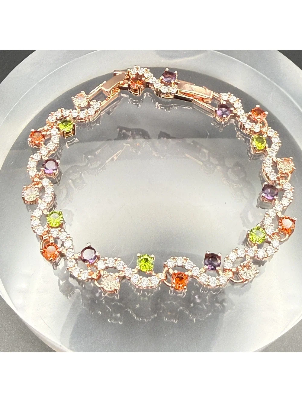 candy+clover Muted Multicolor Crystal Vine Rose Gold Tone Tennis Bracelet